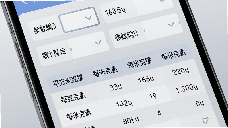主体是手机屏幕显示克重计算页面,顶部有参数输入区,下方为计算结果显示区,用表格形式展示