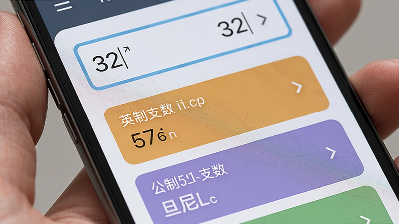 主体是手机屏幕特写,显示纱线换算界面,输入框内数字为32,下方列出英制支数、公制支数、旦尼尔等对应结果,界面采用卡片式排版,每个结果用不同颜色背景区分,风格简洁现代,细节包括单位符号和箭头指示,画质锐利,干净无多余元素