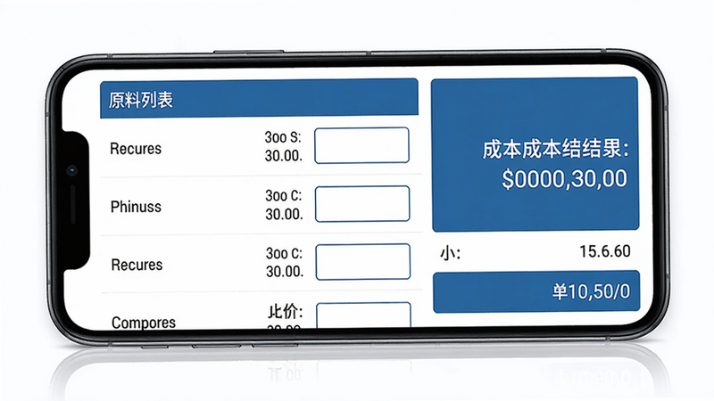 主体是手机屏幕展示成本计算界面,左侧为原料列表,每个原料有名称、比例、单价输入框,右侧显示总成本结果,排版采用左右分栏,风格商务蓝配色,细节包括小计和总计行,画质高清,无多余元素