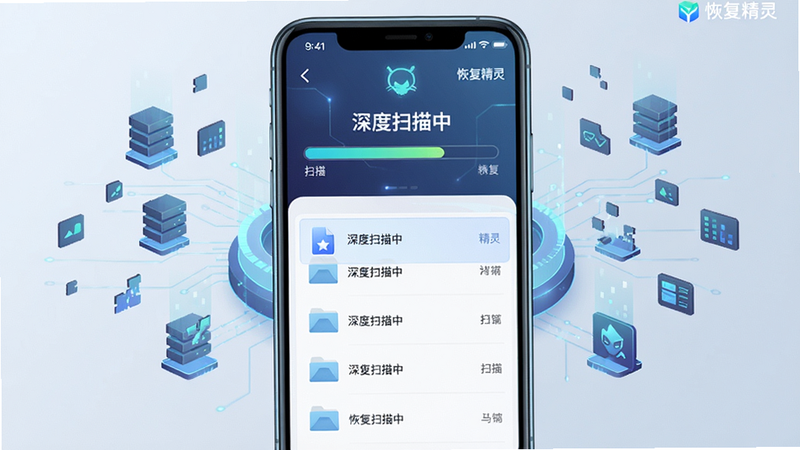 主体:恢复精灵深度扫描功能示意图,布局居中,科技风格,手机屏幕显示扫描进度条和文件列表,背景有数据碎片图标,细节体现扫描过程,画质清晰干净,屏幕上有“深度扫描中”和“恢复精灵”字样