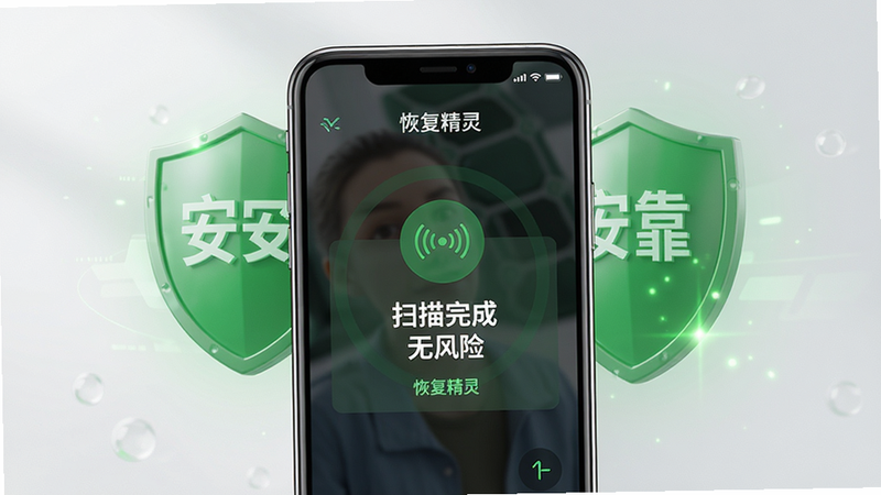 主体:恢复精灵安全使用场景图,布局居中,写实风格,手机屏幕显示“扫描完成 无风险”提示,背景有绿色盾牌图标,细节体现隐私保护,画质高清干净,屏幕上有“安全可靠”和“恢复精灵”字样