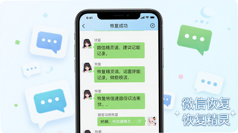 主体:恢复精灵微信聊天记录恢复功能预览图,布局居中,清新风格,手机屏幕展示微信对话列表恢复成功界面,背景有聊天气泡图标,细节显示恢复的聊天内容,画质高清干净,屏幕上有“微信恢复”和“恢复精灵”字样