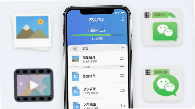 主体:恢复精灵手机数据恢复软件界面预览,布局居中,现代扁平风格,手机屏幕上显示扫描进度条和文件列表,背景有照片、视频、微信聊天记录图标,细节清晰,画质高清干净,屏幕上有“恢复精灵”字样