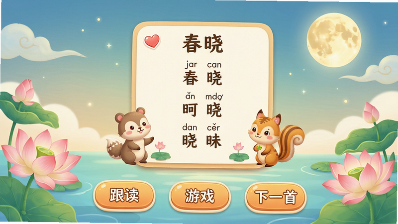 儿童古诗词启蒙 安卓版 主界面预览图,整体为暖色调卡通风格,背景有荷花、月亮等中国风元素,中央显示一首古诗《春晓》的卡片,配有拼音和可爱的小动物插图,下方有“跟读”“游戏”“下一首”三个按钮,布局清晰,画质高清,色彩柔和,干净无多余元素。