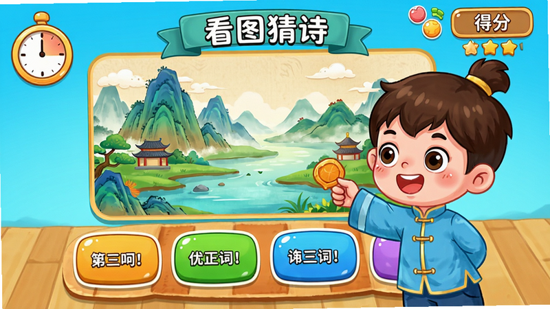 儿童古诗词启蒙 互动游戏界面,一个小男孩正在玩“看图猜诗”游戏,屏幕上一幅山水画,下方四个选项,用户需选择正确的诗句,界面有计时器和得分,色彩鲜艳,卡通风格,画质高清,干净无多余元素。