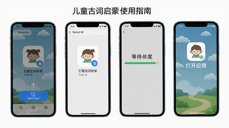 儿童古诗词启蒙 使用指南 安装步骤示意图,展示手机屏幕截图序列:先点击下载按钮,然后打开安装包,点击安装,等待进度条完成,最后打开应用。风格简洁直观,画质高清,干净无多余元素。