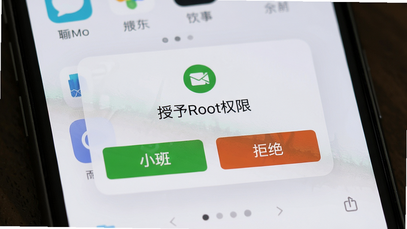 主体:手机界面显示Root授权弹窗,布局居中,风格简洁,细节包括允许/拒绝按钮,画质清晰,干净,文字