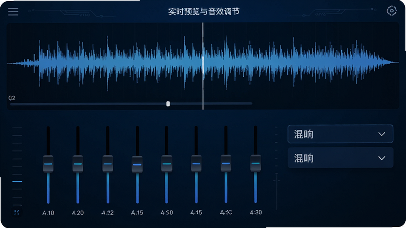 音乐剪辑实时预览与音效调节界面,上方波形图动态滚动,下方均衡器滑块排列,混响选项下拉菜单,整体色调深蓝,科技感风格,画质高清,无多余元素