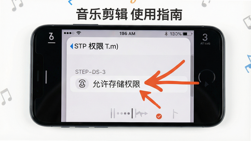 音乐剪辑使用指南步骤图,手机屏幕显示权限设置界面,箭头指向“允许存储权限”,背景白色,步骤编号清晰,画质干净