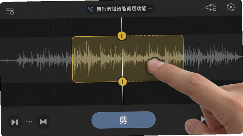 音乐剪辑智能剪切功能操作界面,手指正在拖动波形上的黄色标记点,被选中的区域高亮显示,下方有剪切按钮,背景深灰,细节清晰,画质干净