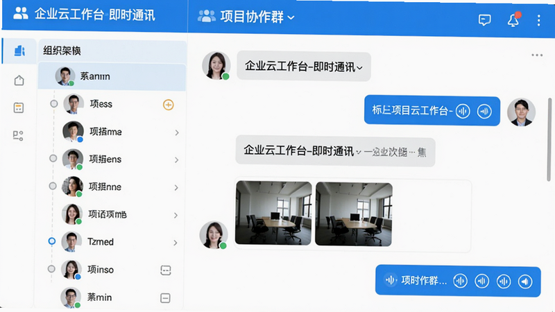 企业云工作台即时通讯预览,左侧显示组织架构联系人列表,右侧聊天窗口包含多条文字对话、图片缩略图和语音图标,顶部有“项目协作群”群名,界面蓝白配色,现代简约,文字标注“企业云工作台-即时通讯”