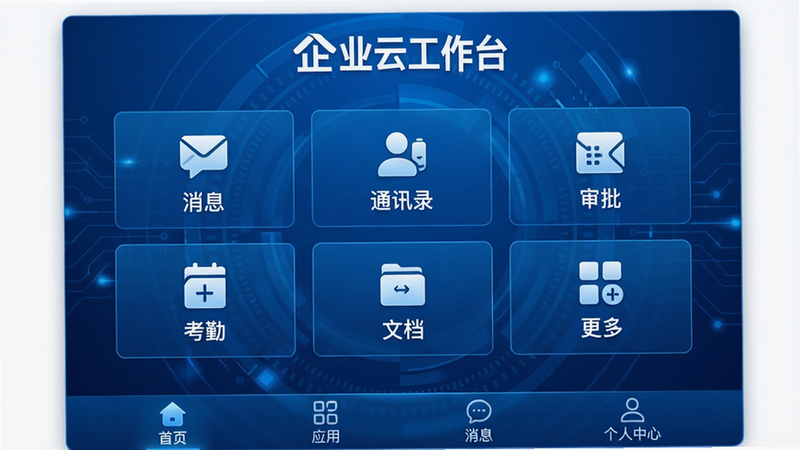 企业云工作台主界面全览,蓝色科技风格,顶部显示“企业云工作台”白色logo,中部为六宫格功能图标,包含消息、通讯录、审批、考勤、文档、更多,底部导航栏有首页、应用、消息、个人中心,整体布局干净整洁,无多余元素,画质高清