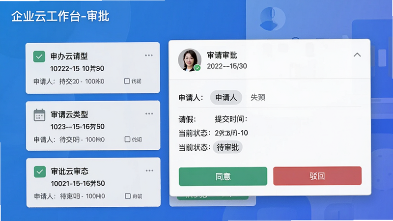 企业云工作台审批界面截图,显示待办列表包含三条审批卡片,一条展开详情显示申请人头像、类型“请假”、提交时间、当前状态“待审批”,底部有绿色“同意”和红色“驳回”按钮,蓝色渐变背景,界面清晰,文字标注“企业云工作台-审批”