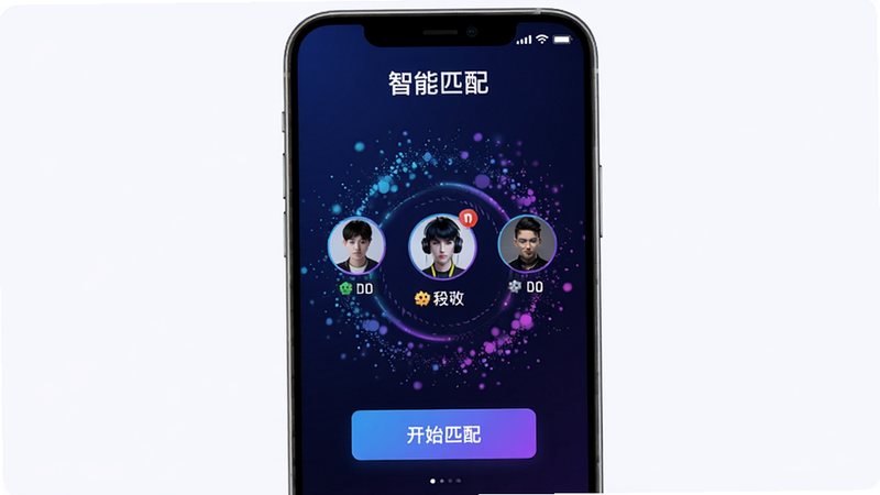 ����羺����ƥ�����Ԥ��ͼ���ֻ���Ļ��ʾƥ��ȴ������������С�����ƥ�䡱���⣬�м���ʾ���ͷ��Ͷ�λ��Ϣ���ײ��С���ʼƥ�䡱��ť������Ϊ��̬����Ч��������ɫ�����Ƽ��У��ɾ����ࡣ