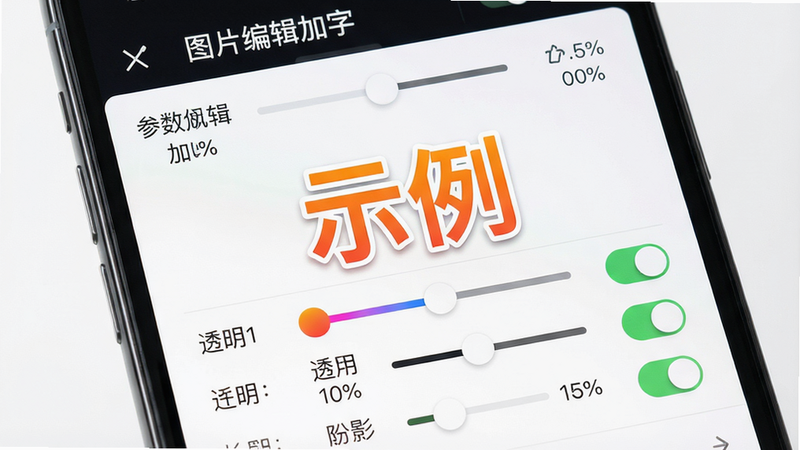 主体:手机屏幕展示“图片编辑加字”文字样式编辑界面,中央文字“示例”带有橙色渐变和白色描边,下方有颜色滑块、透明度条、阴影开关等控件。布局:上下滑动面板,参数分组排列。排版:左对齐标签,右侧为滑块或开关。风格:清爽、专业。细节:每个控件旁边显示当前数值百分比。画质:高分辨率,无多余元素。