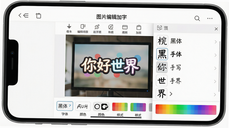 主体:手机屏幕展示“图片编辑加字”软件主界面,上方为编辑工具栏,中间有一张示例图片上带有“你好世界”艺术字,底部为字体、颜色、样式选择面板。布局:上下结构,顶部导航栏,中部预览区,底部操作区。排版:清晰简洁,图标加文字标签。风格:扁平化UI,色彩柔和,白色背景为主。细节:字体列表中包含楷体、黑体、手写体等预览缩略图,颜色面板显示彩虹色谱。画质:高清渲染,光影自然,干净无多余元素。
