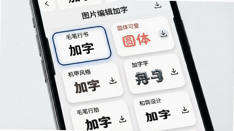 主体:手机屏幕展示“图片编辑加字”字体选择面板,列出多款字体预览,包括“毛笔行书”、“圆体可爱”、“机甲风格”等。布局:网格列表,每个字体项显示名称和样本文字“加字”。排版:卡片式布局,每个卡片有圆角阴影。风格:现代、整洁、高对比度。细节:选中的字体高亮边框,右侧有下载箭头图标。画质:高清,无噪点,无多余元素。