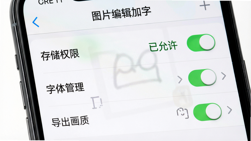 主体:手机屏幕展示“图片编辑加字”软件设置界面,包含“存储权限”“字体管理”“导出画质”等选项。布局:列表形式,每项右侧有开关或箭头。排版:清晰分层。风格:系统原生风格。细节:存储权限旁边显示“已允许”绿色状态。画质:高清,干净无多余元素。