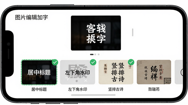 主体:手机屏幕展示“图片编辑加字”排版模板选择界面,上方为预览图,下方为模板列表“居中标题”、“左下角水印”、“竖排古诗”等。布局:横向滑动模板列表,每个模板缩略图显示效果。排版:模板名称在缩略图下方。风格:简洁直观。细节:选中模板有绿色对勾标记。画质:清晰,无多余元素。