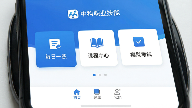 一张手机屏幕展示中科职业技能App的主界面,顶部显示“中科职业技能”logo,中部为“每日一练”“课程中心”“模拟考试”三大功能卡片,底部导航栏为首页、题库、我的,整体采用蓝白配色,界面干净简洁,风格为现代扁平化,画质高清,无多余元素