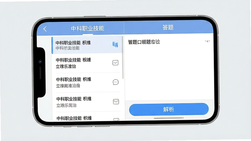 手机屏幕显示中科职业技能App的刷题界面,左边是题目列表,右边是答题区域,底部有解析按钮,背景为浅灰色,题目字体清晰,布局左右分栏,风格简洁明快,画质高清,干净无多余元素