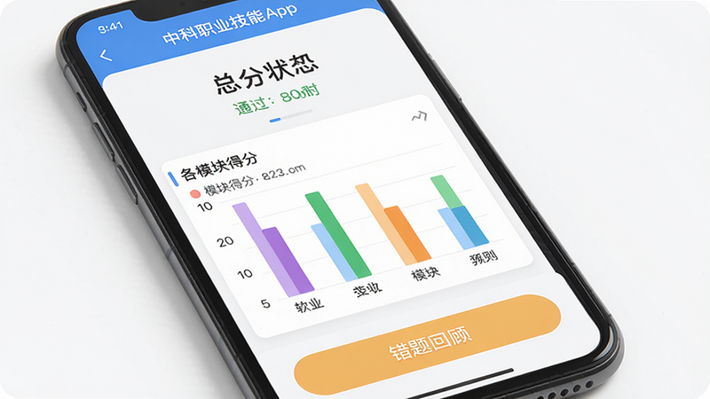 手机屏幕显示中科职业技能App的模拟考试结果页面,顶部为总分和通过状态,中部为各模块得分柱状图,底部为错题回顾按钮,背景白色,图表色彩鲜明,布局清晰,风格简约,画质高清