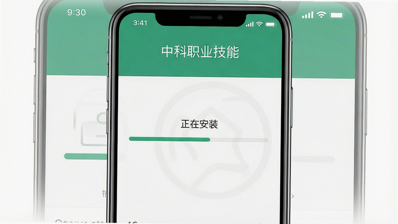 一张手机截图显示中科职业技能App的安装界面,屏幕中间有“正在安装”进度条,背景为系统安装界面风格,顶部有“中科职业技能”字样,布局居中,画质清晰,无多余元素