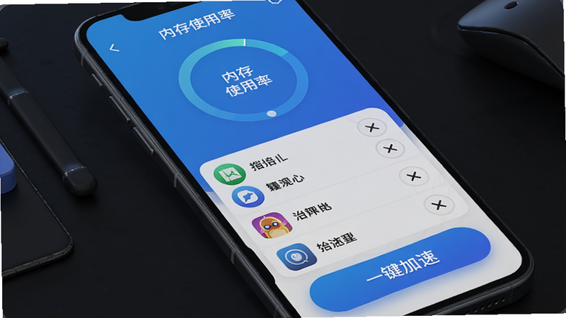 雷神清理管家手机加速界面,主体为手机屏幕,中间显示内存使用率圆环图,下方列出正在运行的后台应用列表,每个应用旁有关闭按钮,底部一键加速按钮醒目,风格清爽,蓝色渐变,画质细腻