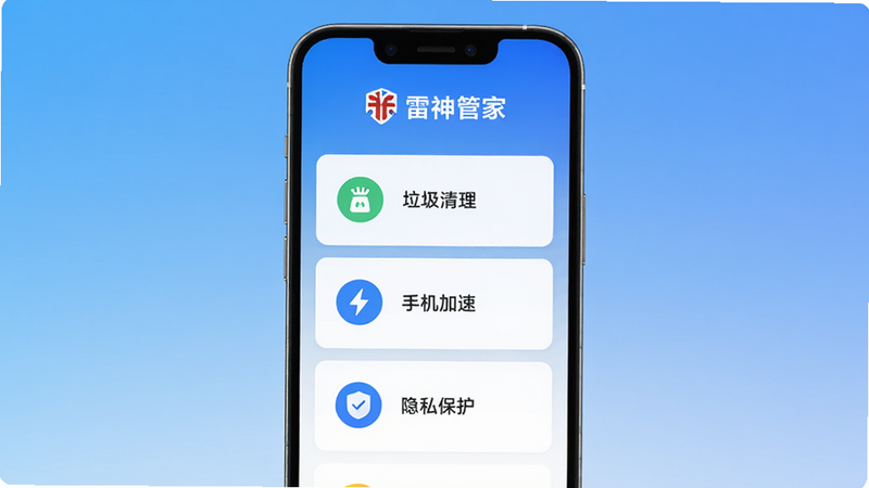 雷神清理管家主界面预览图,主体为手机屏幕展示主界面,布局采用卡片式,顶部有品牌logo,下方依次显示垃圾清理、手机加速、隐私保护三大图标,风格简洁现代,蓝色渐变背景,画质清晰干净,无多余元素