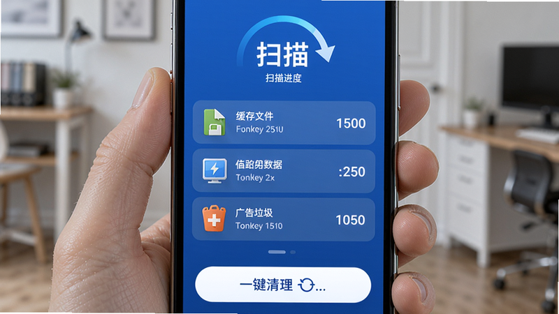 雷神清理管家垃圾清理功能界面,主体为手机屏幕,上方显示扫描进度动画,中间列出缓存文件、临时数据、广告垃圾等分类及大小,底部有一键清理按钮,布局清晰,蓝色调,画质高清干净