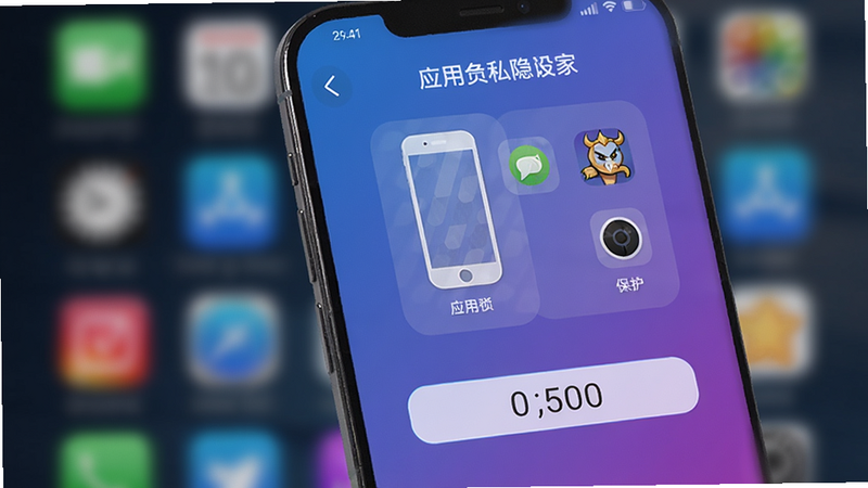 雷神清理管家隐私保护界面,主体为手机屏幕,显示应用锁设置页面,有手机图案和应用图标,背景模糊效果,强调密码输入框,色调为蓝紫渐变,画质干净,无多余文字