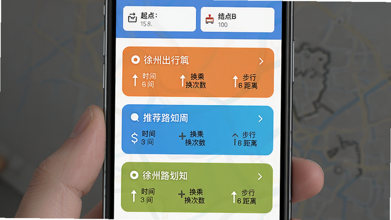 徐州出行路线规划结果页面,手机屏幕显示三条推荐路线对比,每条路线用不同颜色区分,并标注时间、换乘次数、步行距离,顶部有输入框和起点终点,风格简洁,画质干净,无多余元素