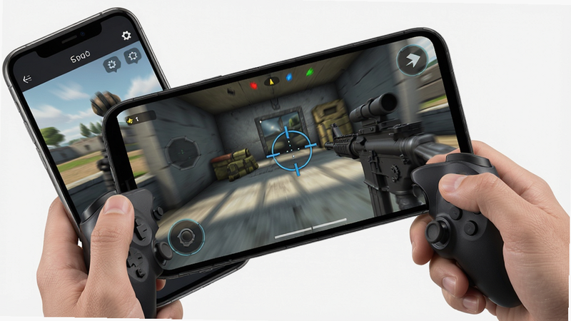 GameController体感辅助演示,手机倾斜,手柄握持,屏幕游戏画面中准星移动,背景为射击场景,动感模糊效果,画质清晰,干净无杂物