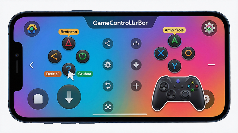 GameController智能映射界面,手机屏幕上显示按键拖拽,手柄图标对应虚拟按键,布局清晰,色彩鲜艳,细节有按键名称标签,画质细腻