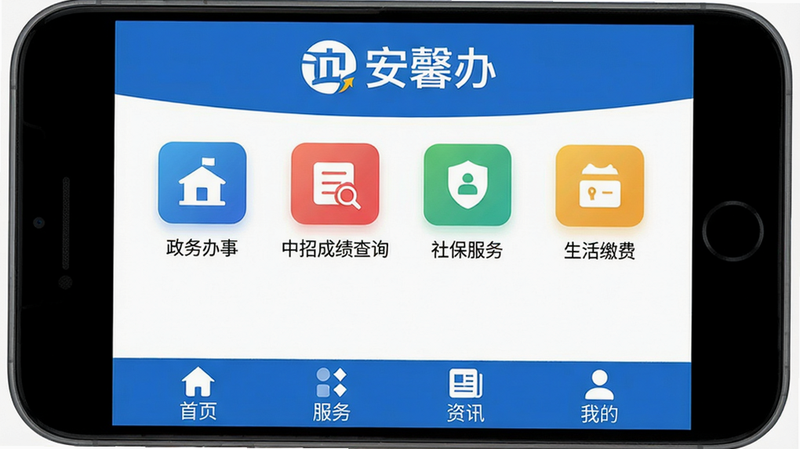 图片展示安馨办APP主界面,上方有“安馨办”品牌logo和标题文字,中间区域排列着“政务办事”“中招成绩查询”“社保服务”“生活缴费”等彩色功能图标,底部导航栏包含“首页”“服务”“资讯”“我的”四个标签。整体采用蓝白配色的扁平化设计风格,界面干净整洁,画质高清,无多余元素。