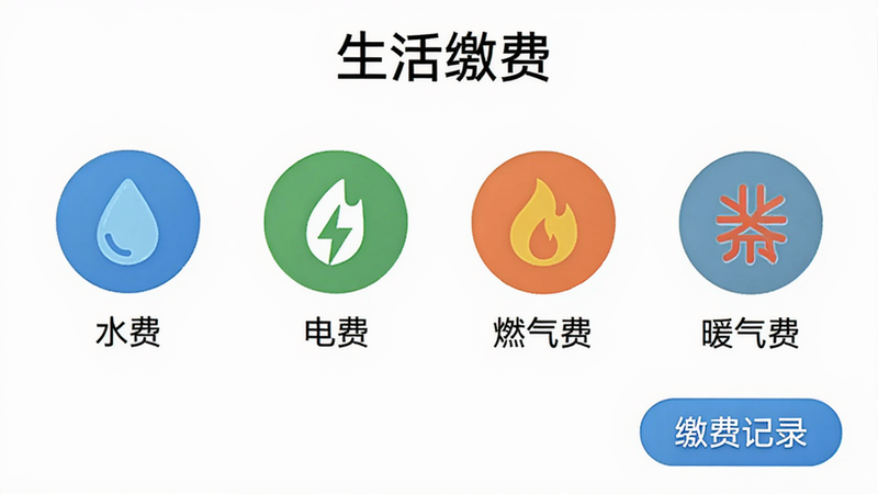 图片展示安馨办“生活缴费”界面,上方有“生活缴费”标题,下方排列着“水费”“电费”“燃气费”“暖气费”四个圆形图标,每个图标下方有对应名称,右下角有一个“缴费记录”按钮。整体采用白色背景,图标色彩丰富,布局整齐,画质干净。