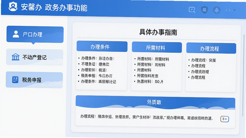 图片展示安馨办“政务办事”功能页面,左侧列表显示“户口办理”“不动产登记”“税务申报”等选项,右侧为具体办事指南界面,包含“办理条件”“所需材料”“办理流程”等文字信息。界面采用卡片式布局,蓝色主色调,文字清晰,画质干净。