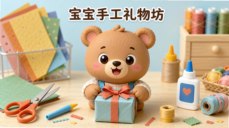 主体:宝宝手工礼物坊的界面展示,一个可爱的卡通小熊正在制作手工礼物,背景有各种手工材料,布局居中,排版清晰,风格卡通明亮,细节包括剪刀、彩纸、胶水等,画质高清干净,无多余元素