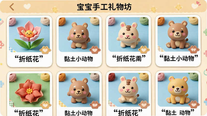 主体:宝宝手工礼物坊的教程列表界面,显示多个手工项目卡片,如“折纸花”、“黏土小动物”,布局为网格排列,风格卡通,细节包括每个卡片上的预览图和小标签,画质清晰,文字“折纸花”“黏土小动物”用引号标出,干净无多余元素