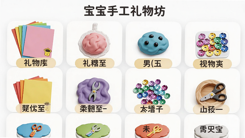 主体:宝宝手工礼物坊的材料库界面,展示各类彩色材料图标,如彩纸、黏土、亮片,布局为平铺网格,风格卡通,细节包括每个材料上的小图标和名称标签,画质清晰,干净无多余元素