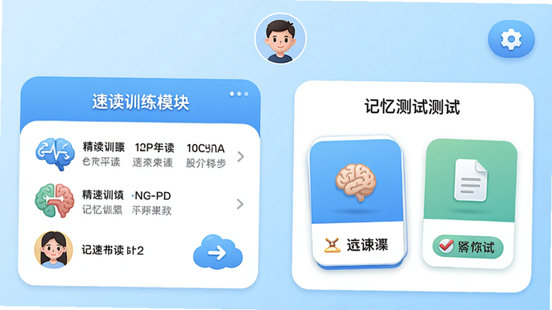 精英特速读记忆APP的主界面展示,左侧为速读训练模块,右侧为记忆测试卡片,上方有用户头像和设置按钮,背景采用淡蓝色渐变,整体布局清爽,图标圆润,细节丰富,画质高清,无多余元素