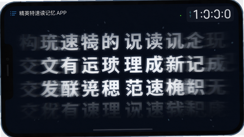 精英特速读记忆APP的速读训练界面,中间显示一组快速闪烁的词语,用户需在限定时间内识别,背景深色,词语白色高亮,计时器在右上角,界面动态,画质清晰,无多余元素