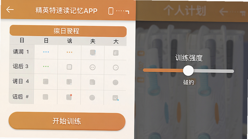 精英特速读记忆APP的个人计划设置界面,右侧有训练强度滑块,左侧为日程表,底部“开始训练”按钮,整体配色温暖,布局合理,干净无冗余
