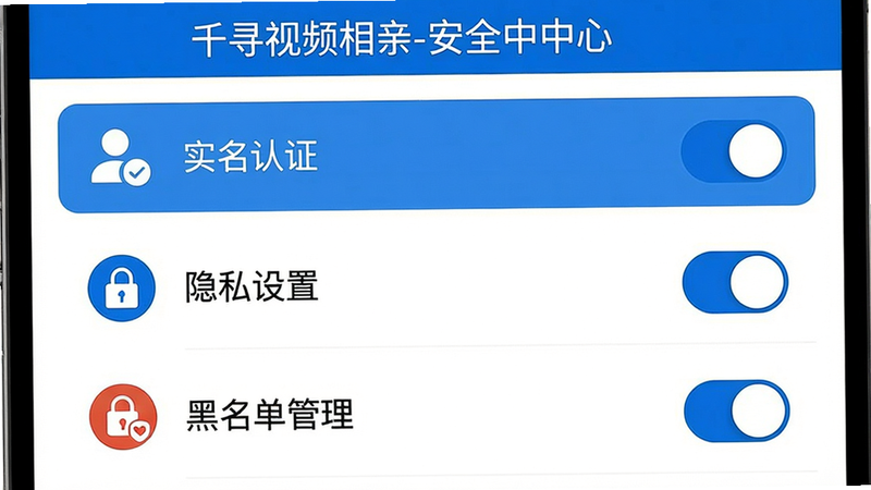 主体:手机界面展示安全设置页面,包括“实名认证”、“隐私设置”、“黑名单管理”等选项。布局:列表式布局,每项带图标。排版:字体清晰,开关按钮醒目。风格:商务安全风,蓝色主色调。细节:顶部显示“千寻视频相亲-安全中心”字样。画质:高对比度,干净无广告。