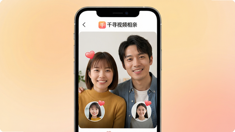 主体:一部智能手机屏幕展示千寻视频相亲主界面,界面顶部有“千寻视频相亲”Logo,中间是一对正在视频聊天的男女用户,画面温馨自然。布局:居中构图,手机占画面70%,背景为柔和的渐变暖色。排版:界面元素清晰,功能按钮分布合理。风格:清新、真实、现代,类似真人社交场景。细节:用户头像显示真实照片,视频窗口有爱心表情特效。画质:高清细腻,色彩柔和,干净无多余元素。