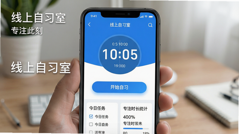 主体:一部手机屏幕显示线上自习室应用界面,布局:中央是倒计时时钟和“开始自习”按钮,底部有今日任务列表和专注时长统计,排版简洁清晰,风格:扁平化UI,蓝白配色,细节:时钟数字清晰,按钮有微光效,画质细腻干净,无多余元素,图片中打文字“线上自习室”和“专注此刻”。