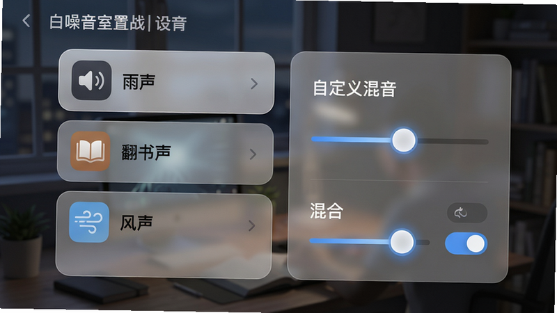 主体:线上自习室白噪音设置界面,布局:左侧音效列表(雨声、翻书声、风声等),右侧是音量滑块和混合开关,排版:双栏卡片式,风格:磨砂玻璃质感UI,细节:每个音效有图标,滑块有拖拽光效,画质细腻,干净,图片中打文字“白噪音”和“自定义混音”。