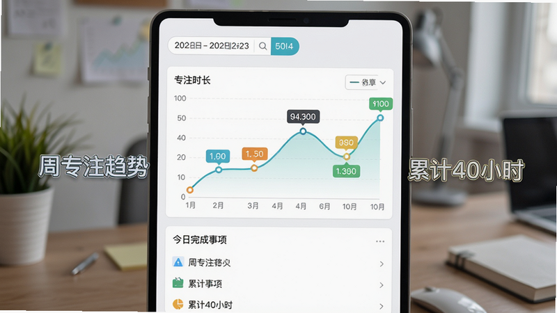 主体:线上自习室数据统计页面,布局:顶部有日期切换,中间是专注时长折线图,下方是今日完成事项列表,排版:纵向流式,风格:商业数据可视化简约风,细节:折线节点有数据标签,颜色清新,画质高清,图片中打文字“周专注趋势”和“累计40小时”。