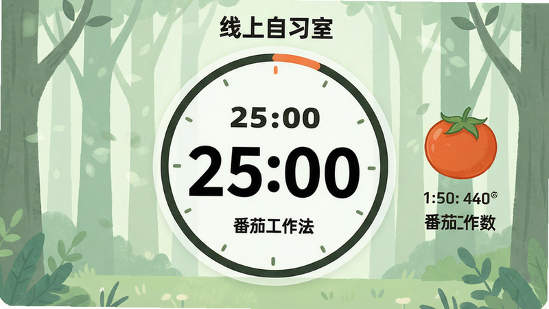 主体:线上自习室应用内番茄计时界面,布局:圆形倒计时盘显示剩余时间,旁边有番茄图标和已完成番茄数量,排版:居中对称,风格:小清新插画风,细节:时间数字用粗体,背景有淡淡的森林图案,画质高清,干净,图片中打文字“25:00”和“番茄工作法”。