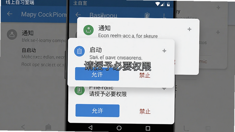 主体:线上自习室手机端安装权限设置界面,布局:屏幕弹出多个权限请求弹窗(通知、自启动、电池优化),排版:分层叠放,风格:真实Android系统截图风格,细节:每个弹窗有“允许”和“禁止”按钮,画质清晰,干净,图片中打文字“请授予必要权限”。